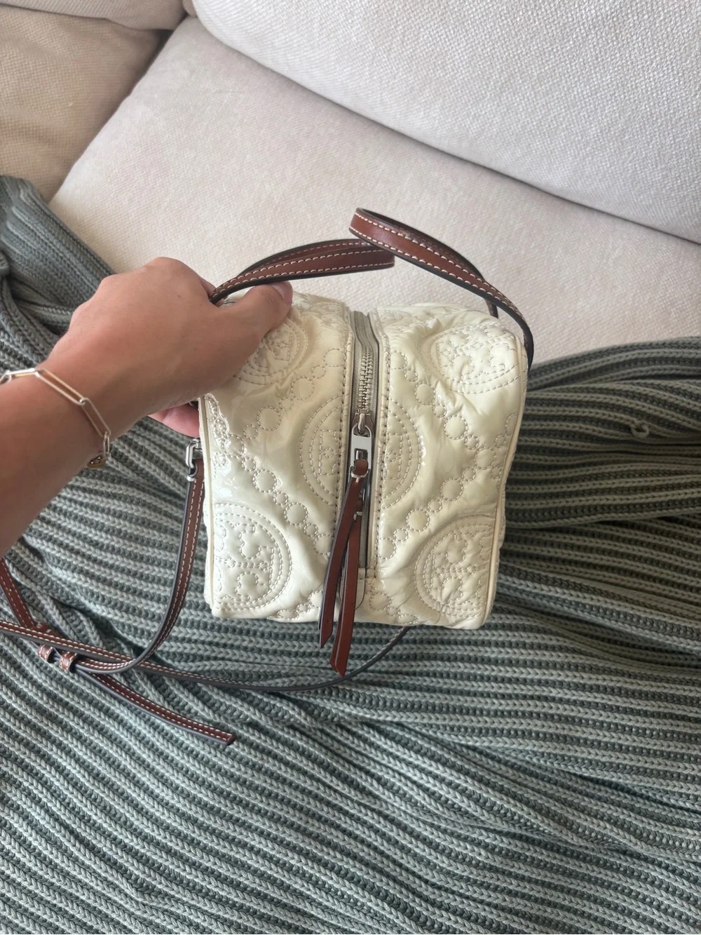 Tory Burch Cream Quilted Leather Cube bag